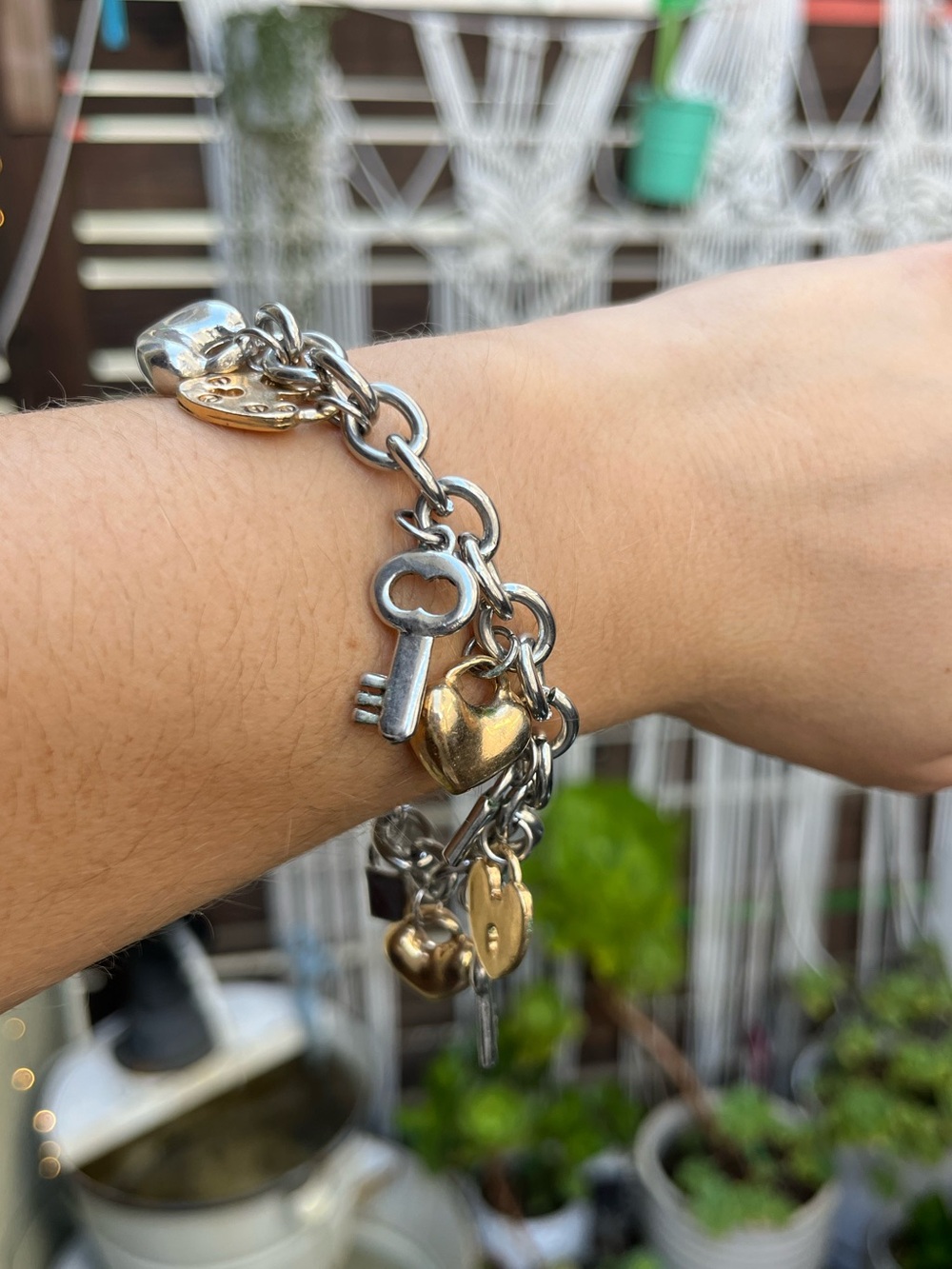 Charm Bracelet with Silver and Gold Tone Keys and Heart Locks - Picture 2 of 3